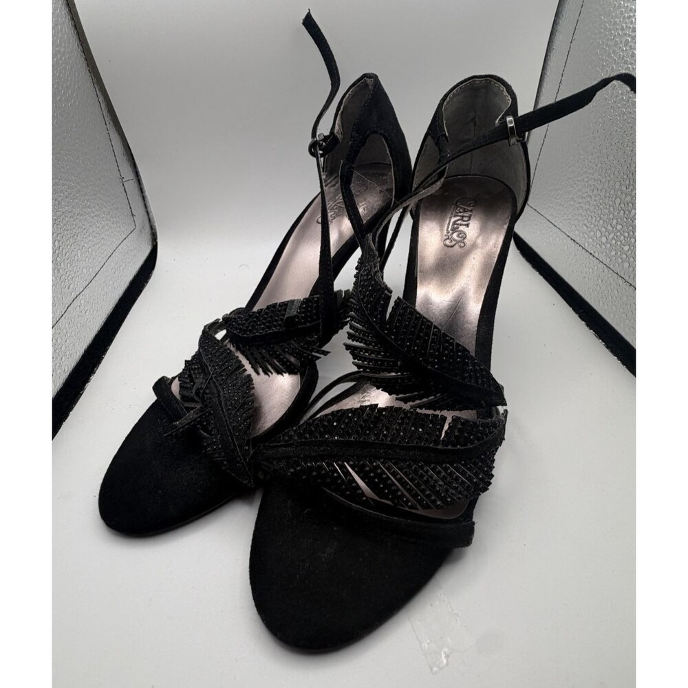 🖤👠 Carlos Santana Women's Black Leather Heels with Feather Accents | Size 6 ✨